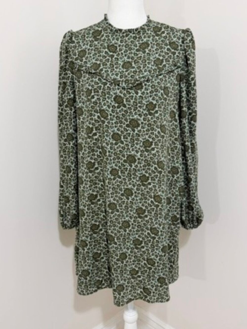 Treasure & Bond Green Floral Long Sleeve Shift Dress Pockets Women's Size S